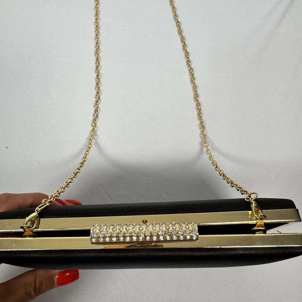 Kate Landry Black Satin Evening Box Clutch with Rhinestone Clasp - Picture 2 of 8